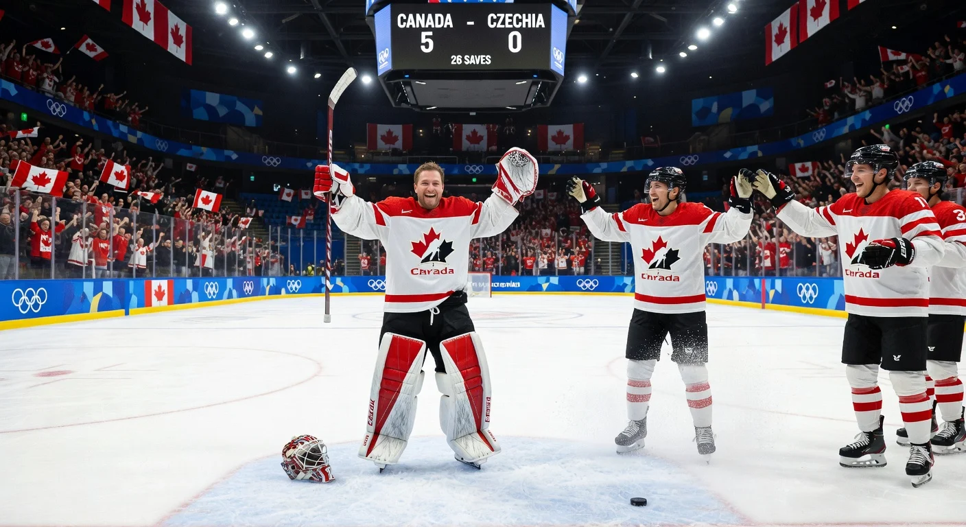 Team USA hockey players celebrate a goal in their 5-1 win over Latvia during the 2026 Winter Olympics opener.