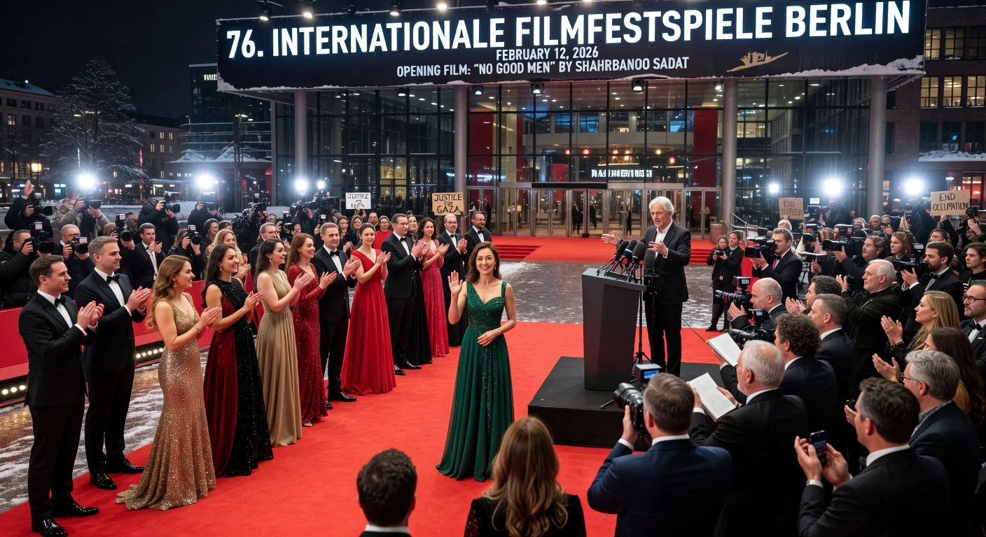 Red carpet opening of the Berlin Film Festival with Michelle Yeoh tribute and political press conference.