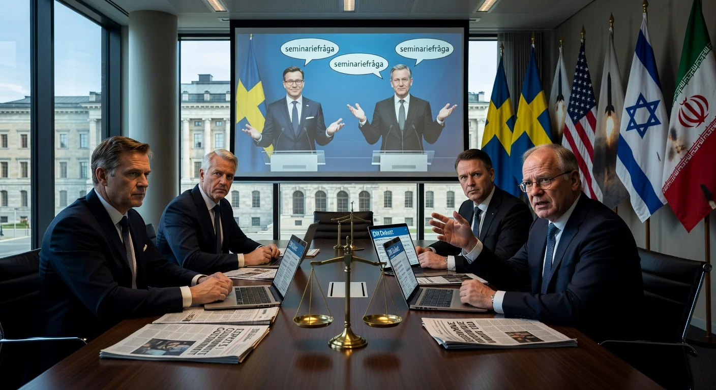 International law experts debate critically as Swedish PM and deputy PM are shown downplaying attacks on Iran, symbolizing foreign policy shift.
