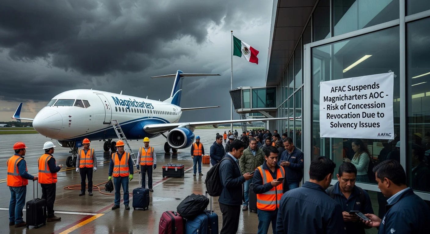 Grounded Magnicharters airplane at Mexican airport with AFAC suspension notice and worried passengers amid solvency crisis.