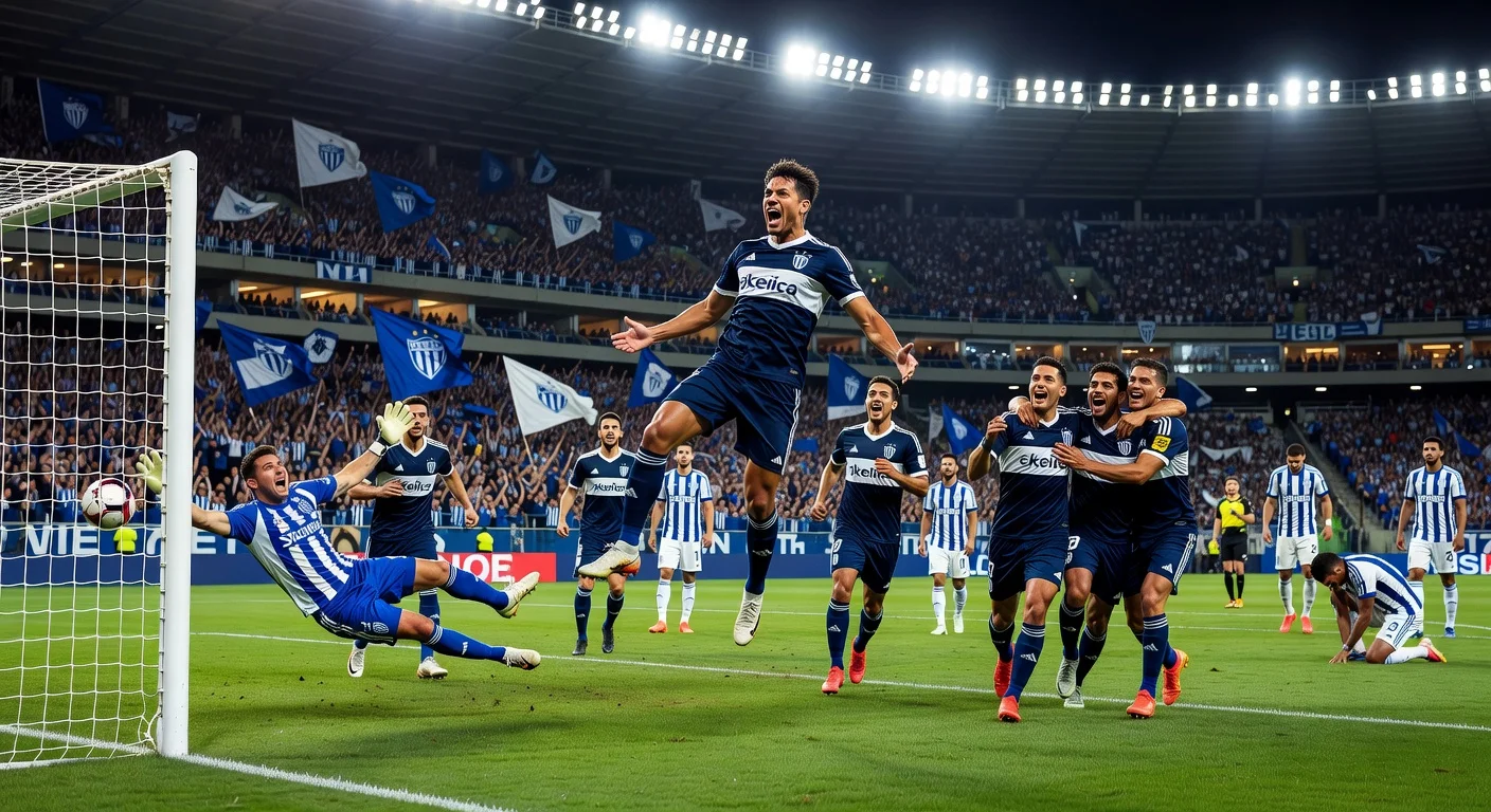 Universidad Católica players celebrate Jimmy Martínez's stoppage-time header securing a 2-1 win over Cruzeiro at Mineirao in Copa Libertadores.