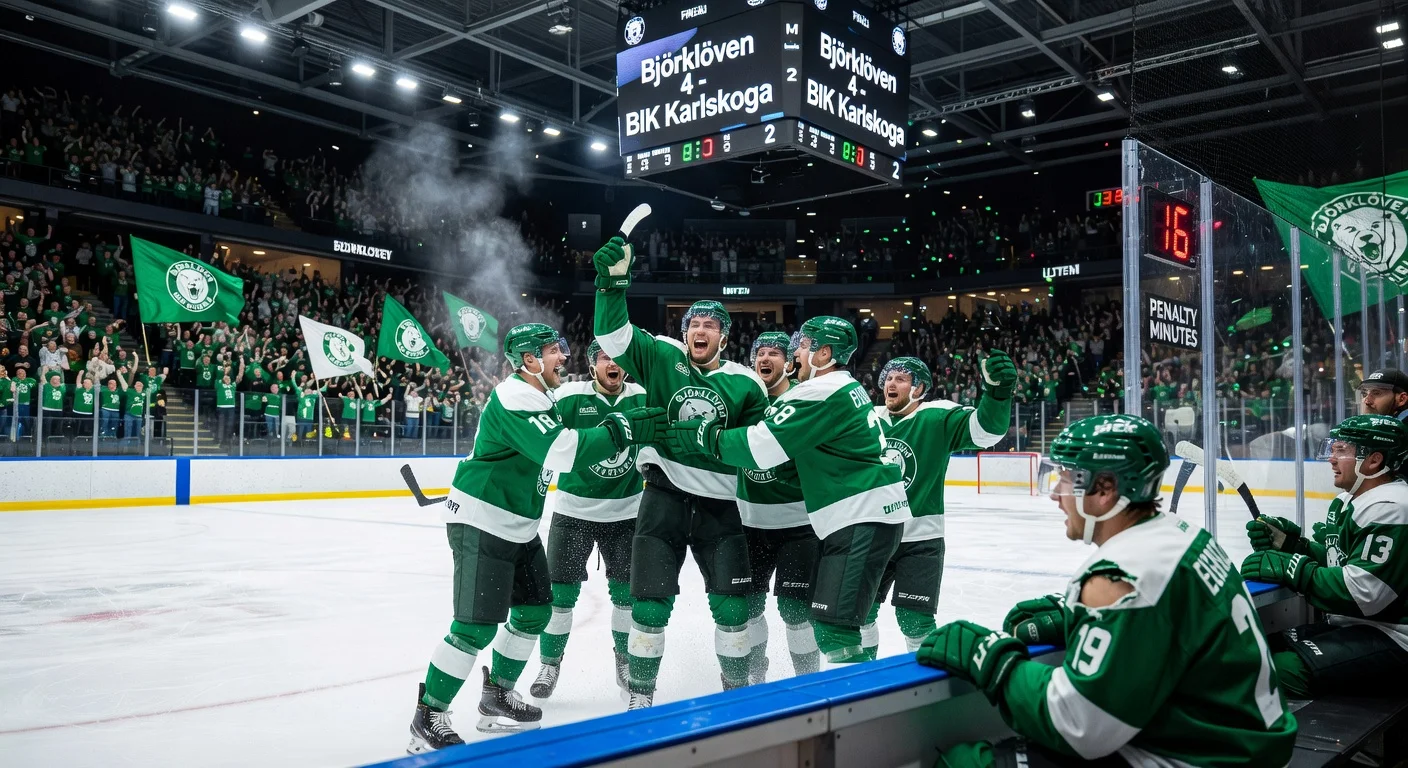 Björklöven hockey players celebrating 4-2 win over BIK Karlskoga in HockeyAllsvenskan final opener, with scoreboard, penalty box, and excited crowd.