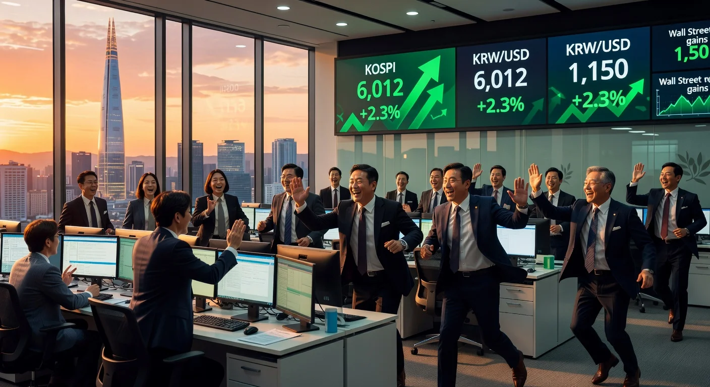Seoul stock traders celebrate KOSPI closing above 6,000 for first time since U.S.-Iran conflict, with rising charts and Seoul skyline.