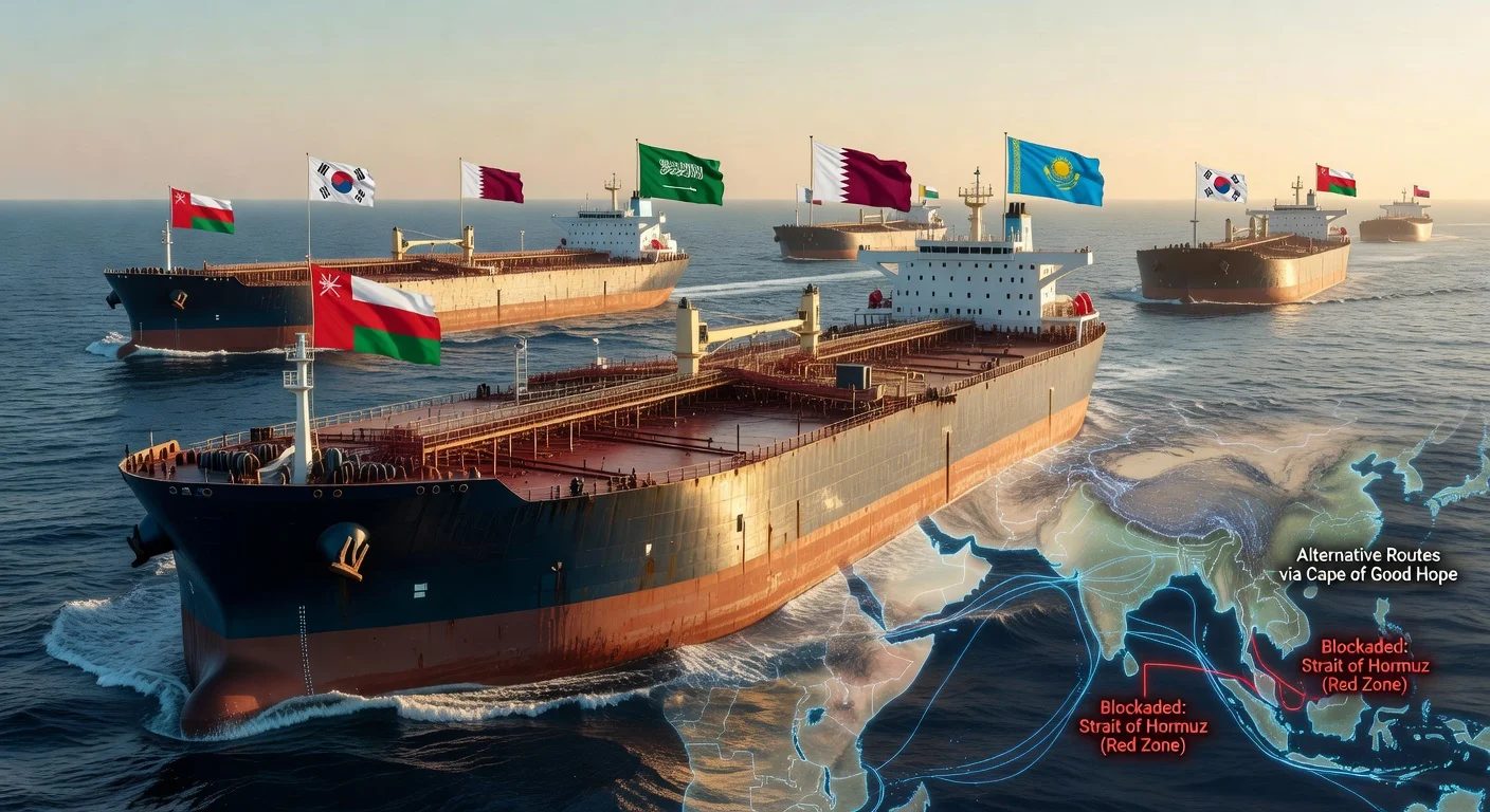 Photorealistic illustration of oil supertankers from Oman, Saudi Arabia, Qatar, and Kazakhstan delivering secured crude oil to South Korea via routes avoiding the Strait of Hormuz.