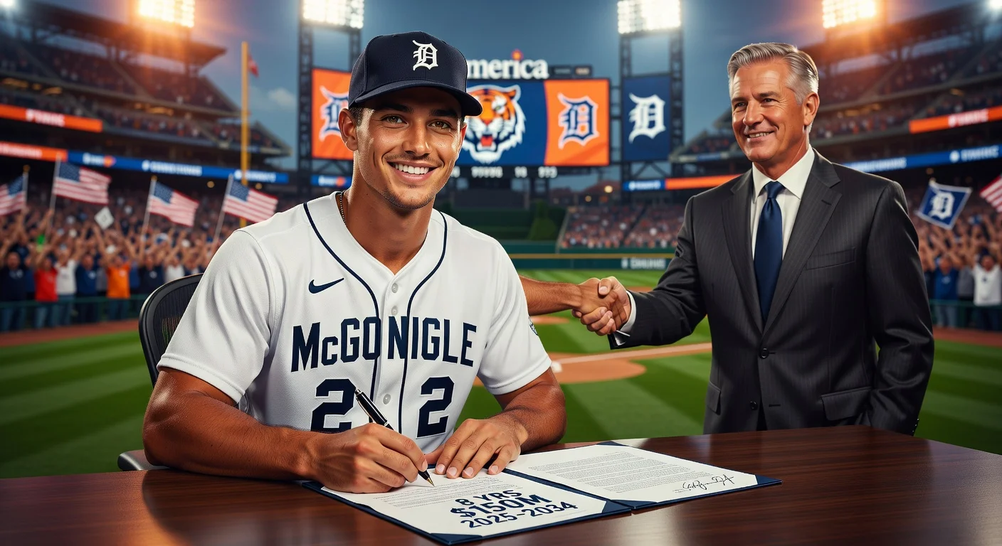 Detroit Tigers rookie Kevin McGonigle signs landmark $150 million extension in team uniform at press conference.