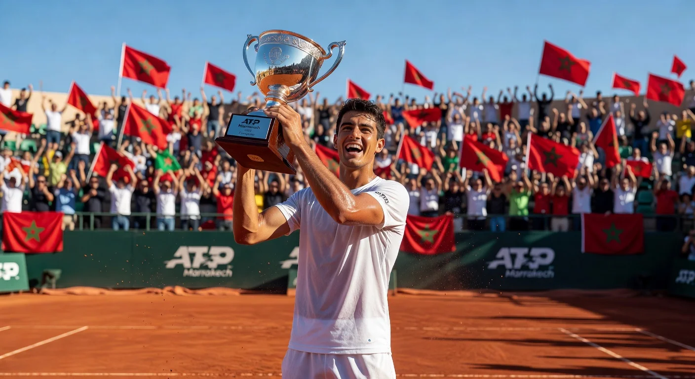 Rafa Jódar, 19, celebrates first ATP title win in Marrakech with trophy on clay court amid cheering crowd.