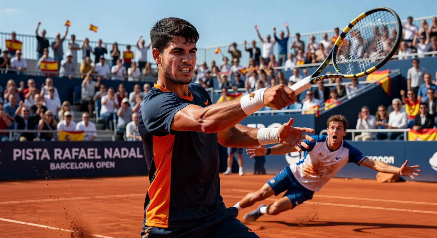 Carlos Alcaraz strikes a forehand winner over Otto Virtanen at Barcelona Open despite wrist discomfort.