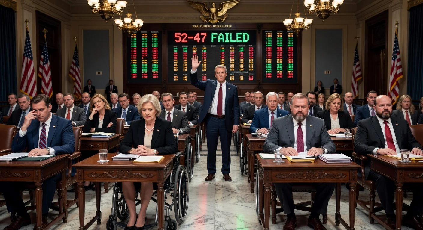 U.S. Senate rejects war powers measure on Iran 52-47; chamber scene with vote tally, key senators visible.