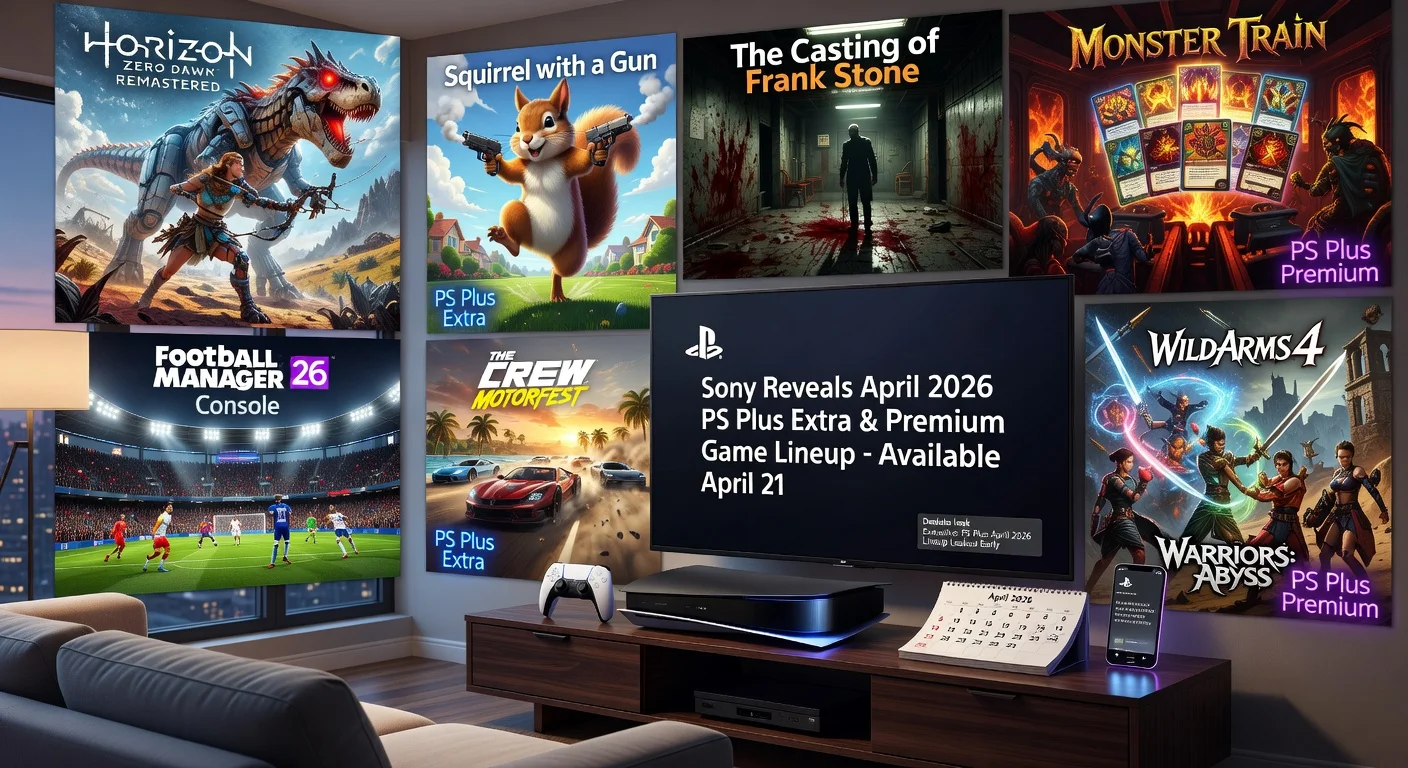 Photorealistic news illustration of Sony's April 2026 PlayStation Plus Extra and Premium game catalog highlights, featuring PS5 setup with key titles like Horizon Zero Dawn Remastered and Squirrel with a Gun.