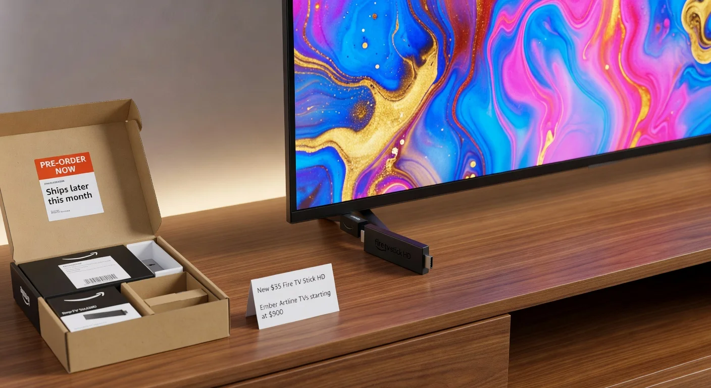 Amazon's new slim Fire TV Stick HD connected to an Ember Artline TV, with packaging and pre-order details on display.