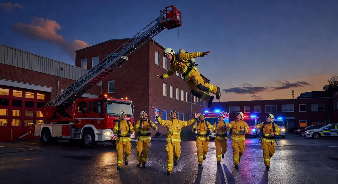 Dramatic photorealistic illustration of a firefighter falling from a turntable ladder during a fatal training drill in Växjö, Sweden.