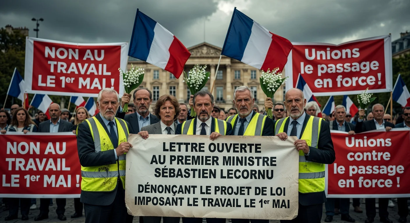 French union leaders protesting with a letter outside the Prime Minister's office against a May Day work bill.