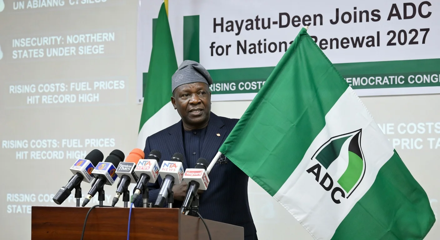 Mohammed Hayatu-Deen announces defection from PDP to ADC at Abuja press conference.