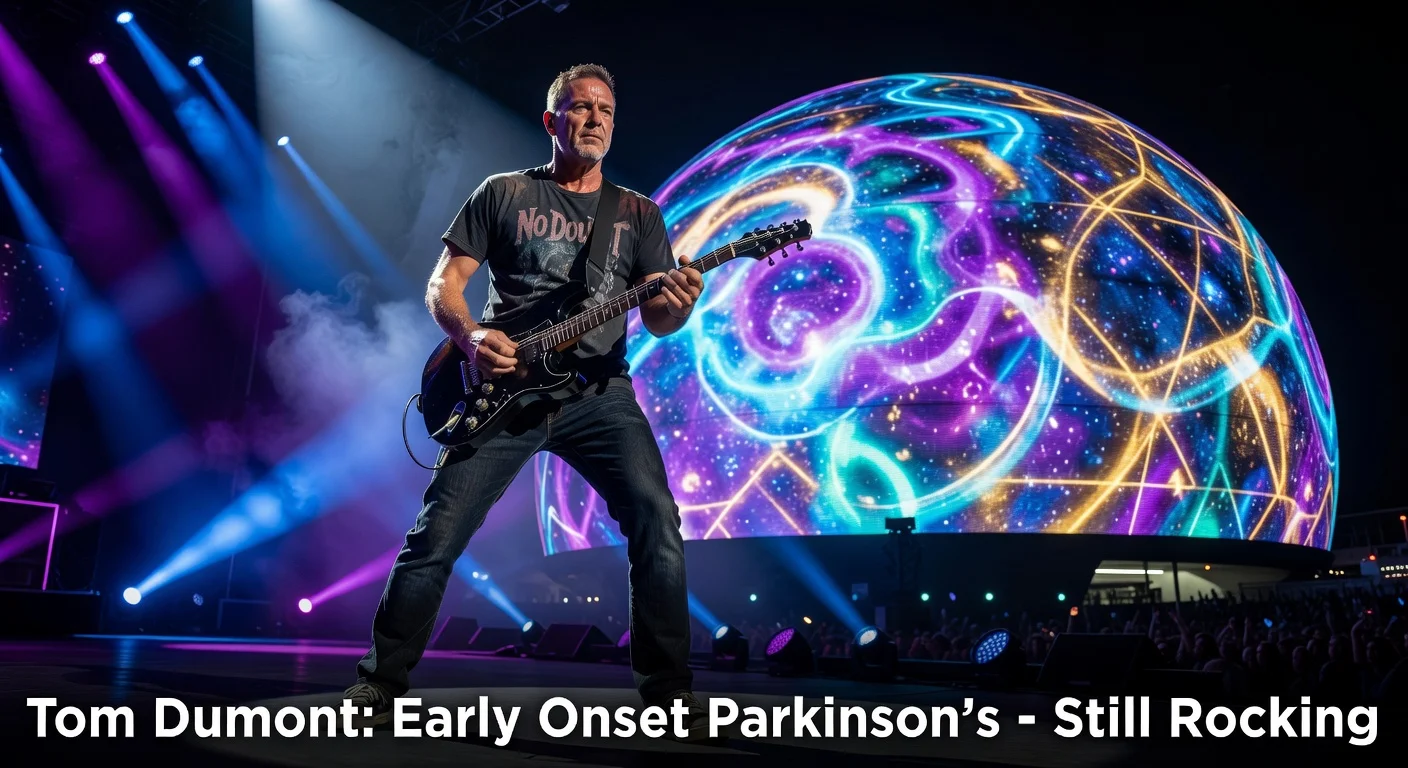 Tom Dumont of No Doubt performs guitar on Las Vegas Sphere stage, embodying resilience after Parkinson's diagnosis announcement.