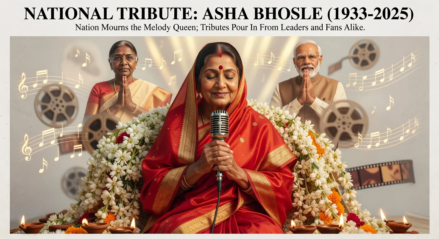 Realistic illustration depicting tributes to Asha Bhosle, featuring her portrait amid flowers and Indian leaders' respects.