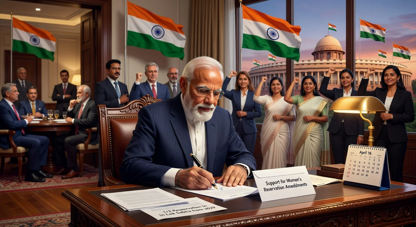 PM Narendra Modi writing to party leaders for women's reservation bill support, with Parliament backdrop and symbols of female empowerment.