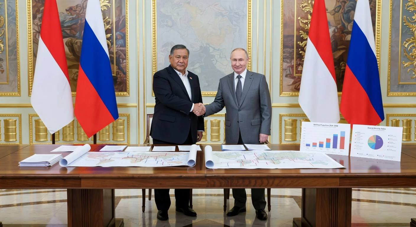 Indonesian President Prabowo Subianto shakes hands with Russian President Vladimir Putin in Moscow's Kremlin during talks on oil supply and strategic partnership.