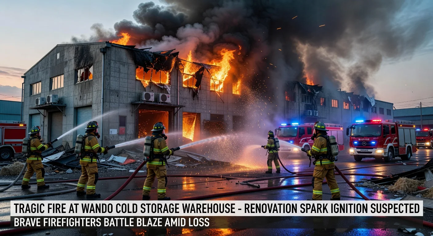 Firefighters combating intense blaze at Wando cold storage warehouse where two lost their lives.