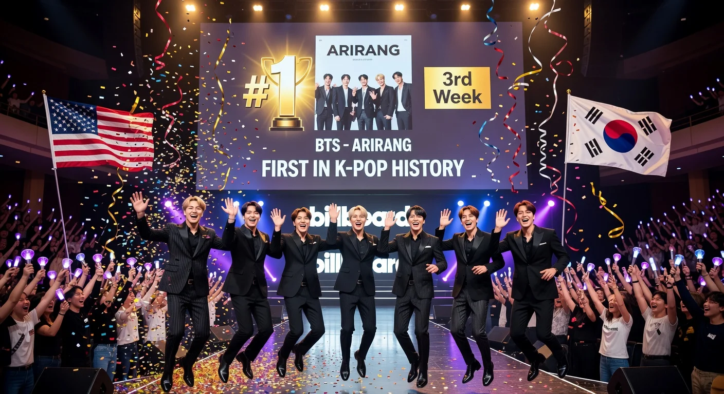 BTS members celebrating as their album 'ARIRANG' tops the Billboard 200 chart for a third consecutive week, a historic first for K-pop.