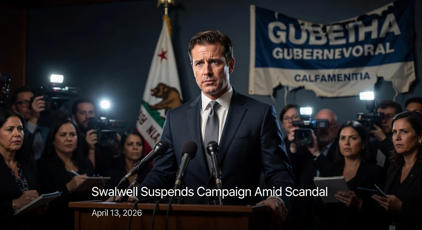 Rep. Eric Swalwell announces suspension of California gubernatorial campaign amid sexual misconduct allegations at a tense press conference.