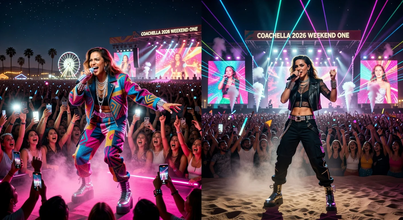 PinkPantheress and Slayyyter performing at Coachella 2026 Weekend One, split illustration of their dynamic sets.