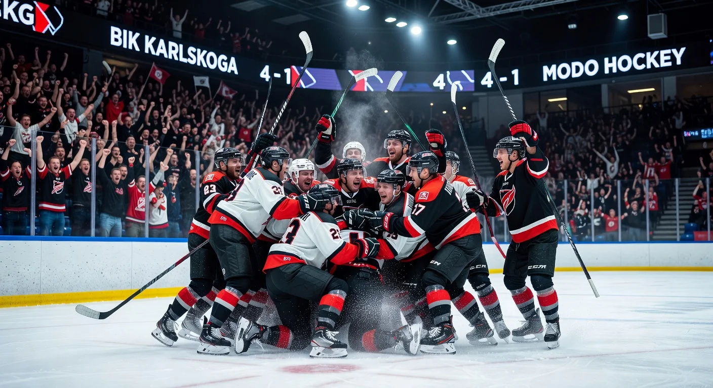 BIK Karlskoga celebrates eliminating Modo in Hockeyallsvenskan semifinal with 4-1 game 7 win.