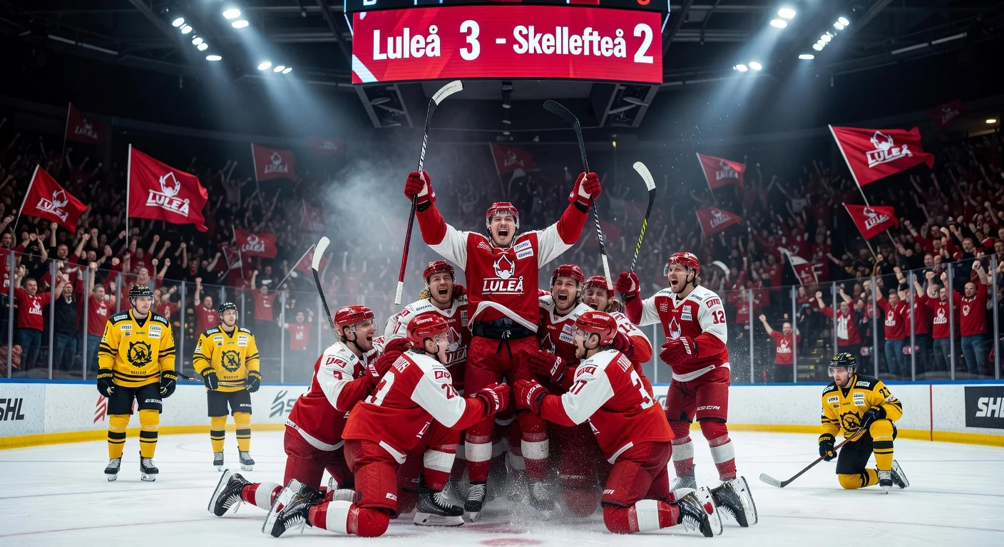 Luleå players celebrate their thrilling 3-2 must-win victory over Skellefteå in the SHL playoff semifinal.
