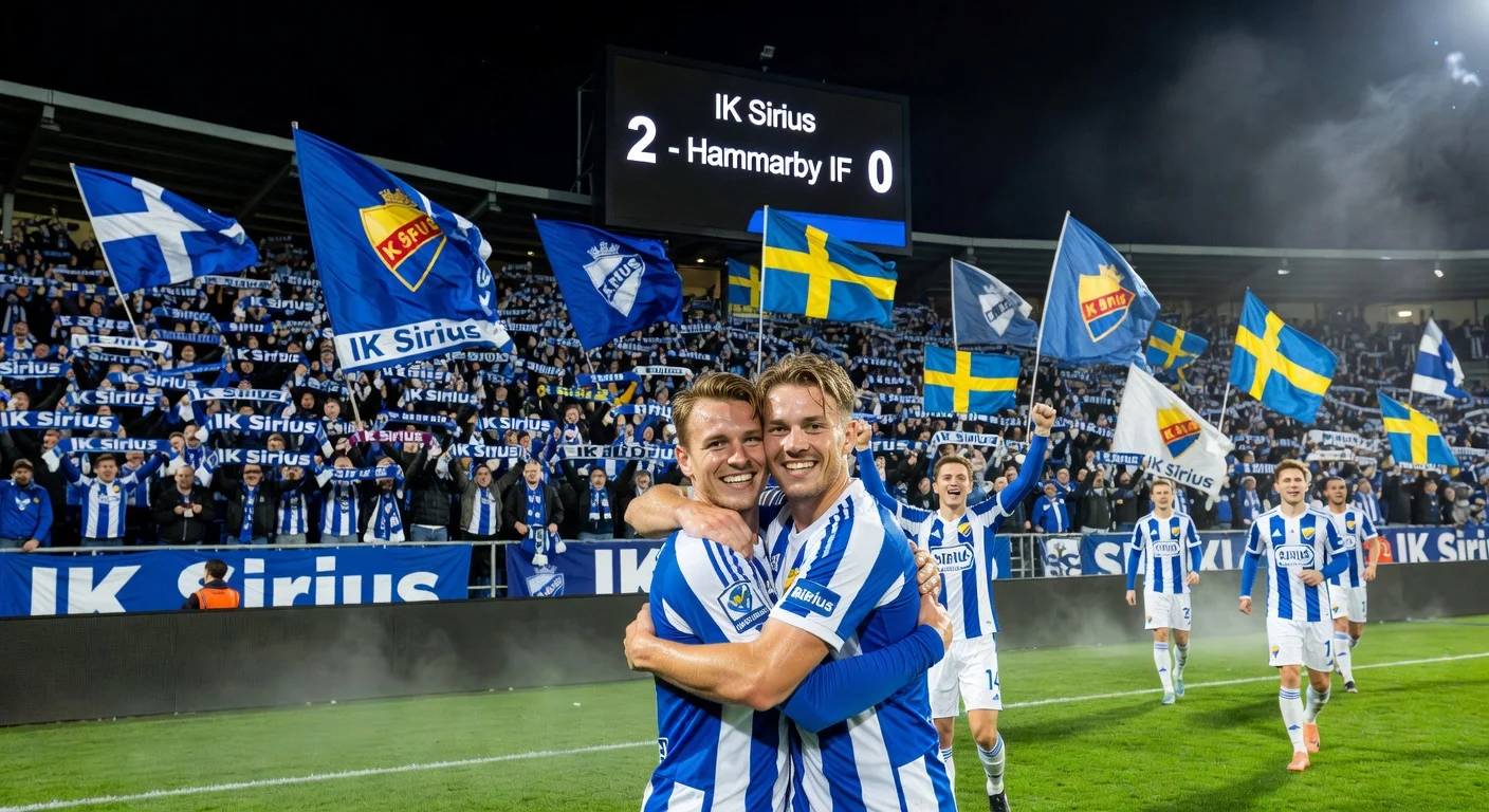 IK Sirius players celebrate 2-0 win over Hammarby before record 10,306 fans at Studenternas IP.