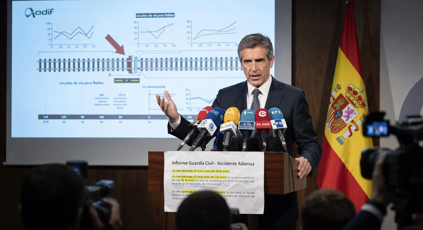 Adif president Pedro Marco de la Peña disputes Guardia Civil report on Adamuz rail accident at press conference.