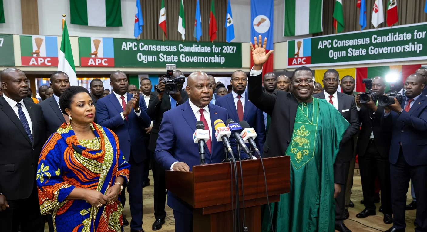 Governor Dapo Abiodun announces Senator Solomon Adeola as APC's Ogun governorship candidate, with Iyabo Obasanjo present at the Abeokuta caucus meeting.