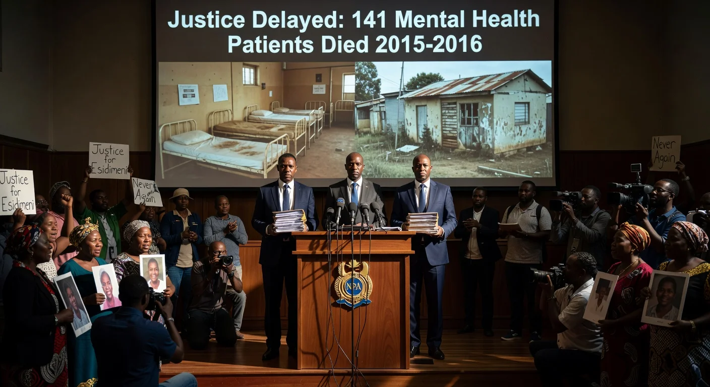 Illustration of NPA prosecutors announcing charges in the Life Esidimeni tragedy case, with grieving families present, symbolizing long-awaited accountability.