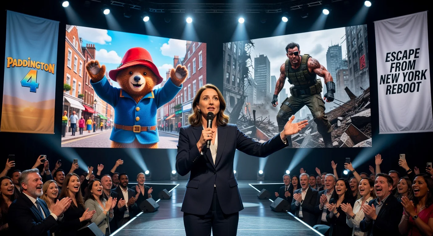 Studiocanal CEO Anna Marsh announces Paddington 4 and Escape from New York reboot at CinemaCon, with film footage on screens.