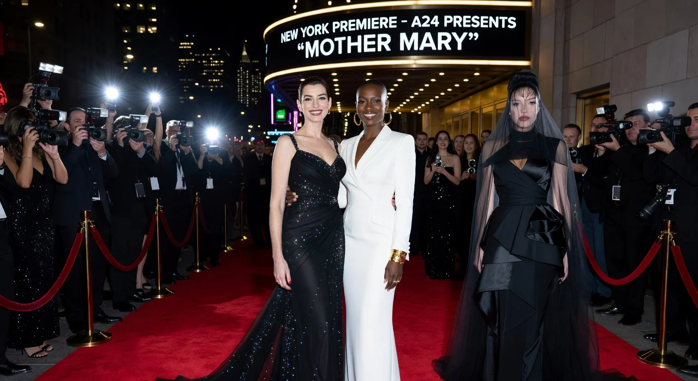 Anne Hathaway and Michaela Coel pose on the red carpet at the 'Mother Mary' premiere in New York, with FKA twigs arriving.