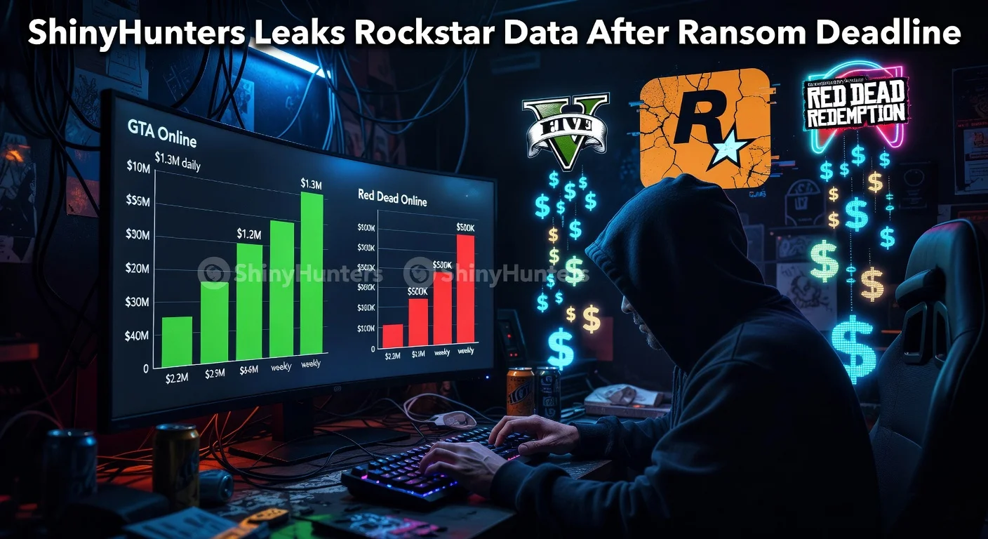 Illustration depicting hackers leaking Rockstar Games revenue data in a cyberpunk lair, highlighting GTA Online and Red Dead Online earnings from ShinyHunters breach.