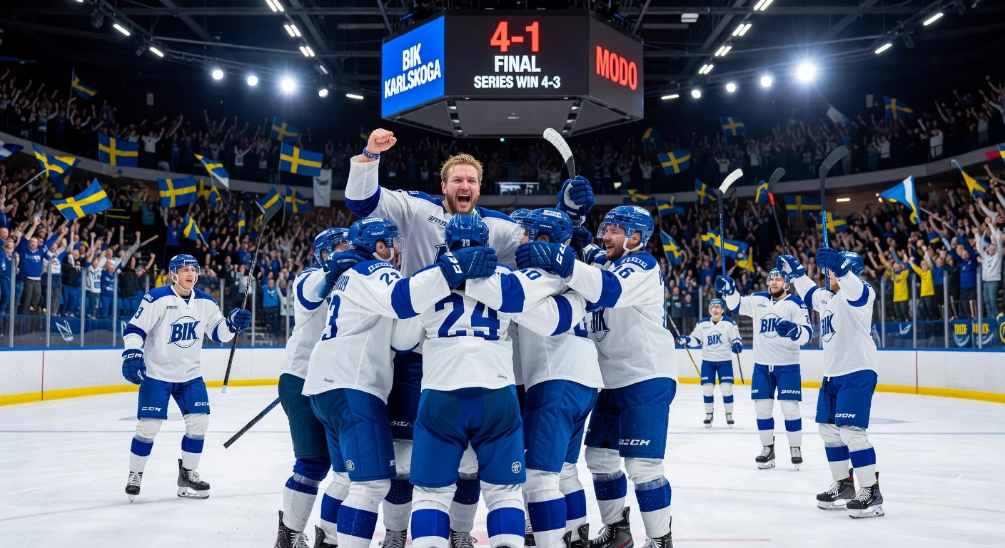 BIK Karlskoga players celebrate playoff victory over Modo, advancing to HockeyAllsvenskan final amid cheering fans.