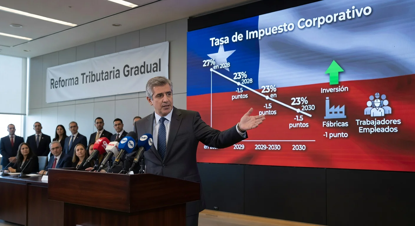 Chile's Finance Minister Jorge Quiroz announces gradual corporate tax cut from 27% to 23% at press conference, graph on screen.