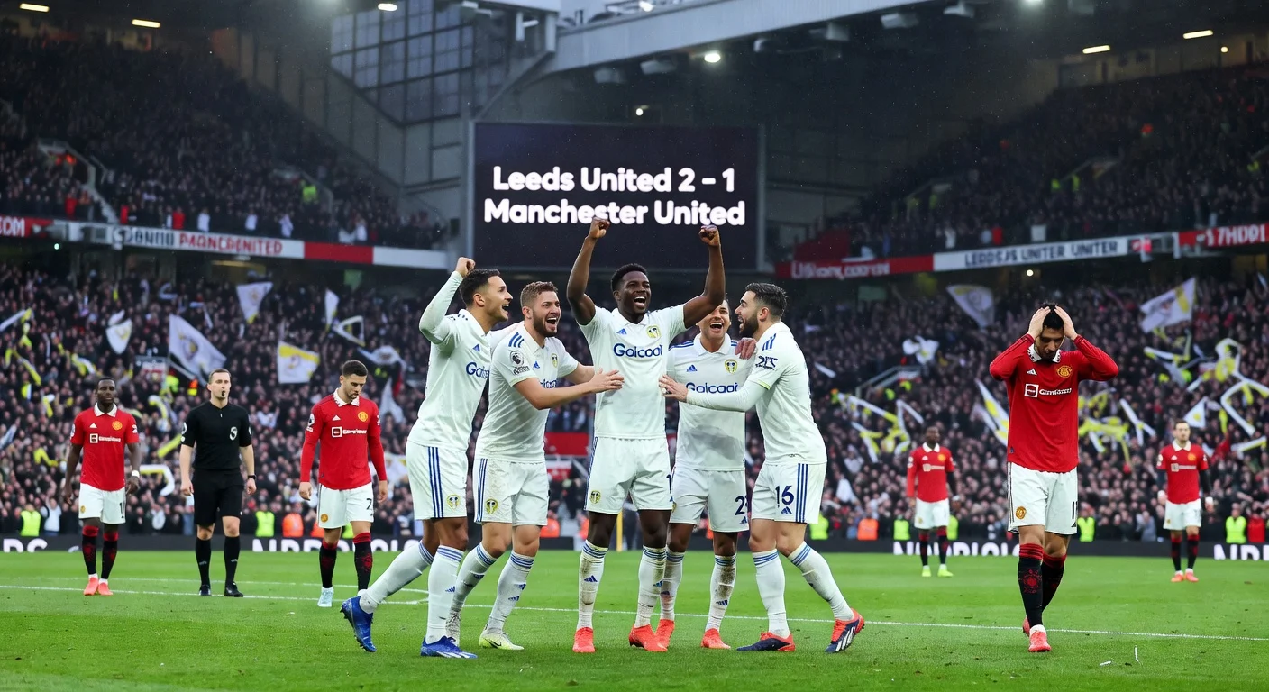 Leeds United players, led by Noah Okafor, celebrate their thrilling 2-1 win over Manchester United at Old Trafford amid jubilant fans.