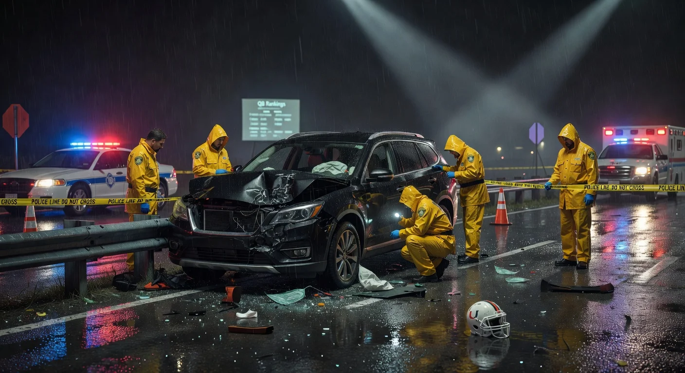 Illustrative depiction of a nighttime car crash investigation involving NFL draft prospect Rueben Bain Jr., with police at the scene amid rain and emergency lights.