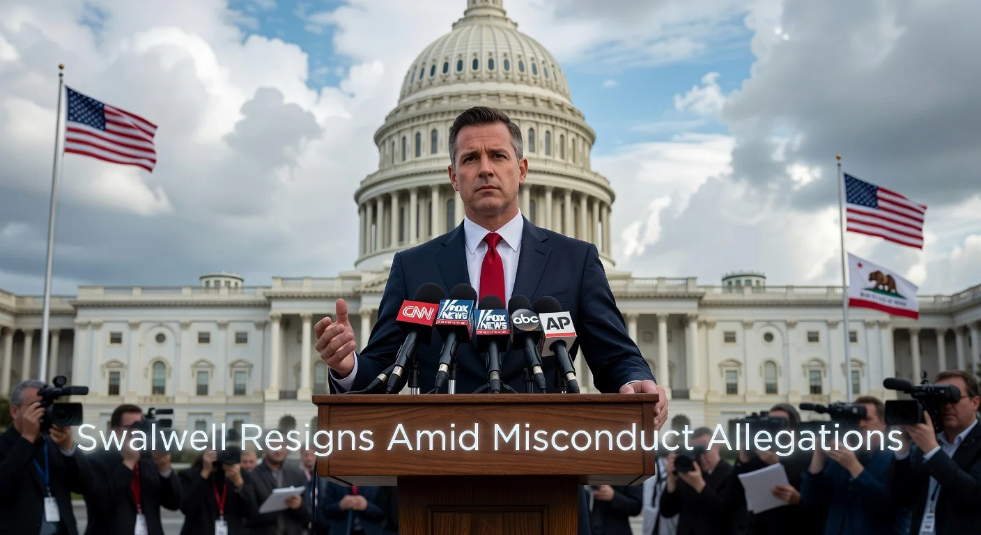 Rep. Eric Swalwell announces resignation from Congress at Capitol press conference amid allegations.