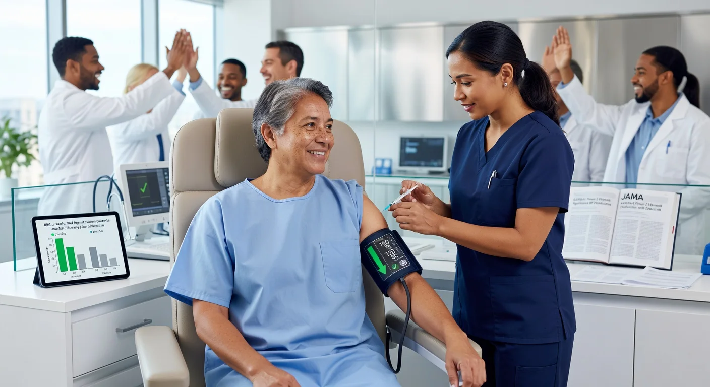 Clinical illustration of nurse giving single-dose zilebesiran injection to hypertension patient, with blood pressure monitor showing reduction from KARDIA-2 trial results.