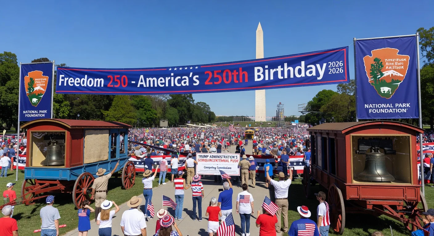 Illustration of Freedom 250's patriotic July 4th event on the National Mall, featuring mobile exhibits for the 2026 U.S. anniversary.