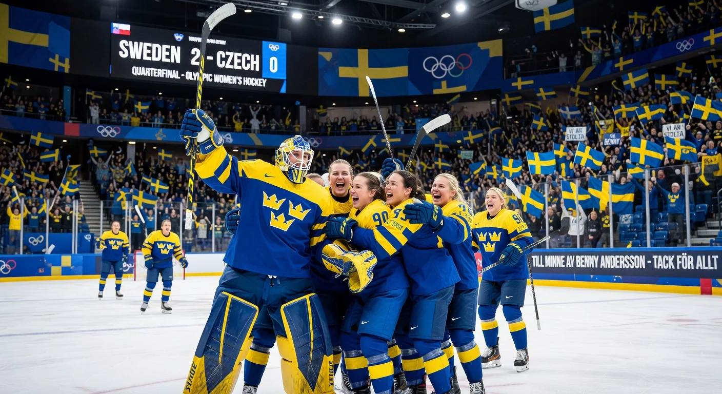 Swedish women's hockey team celebrates Olympic quarterfinal shutout win, advancing to semifinals.