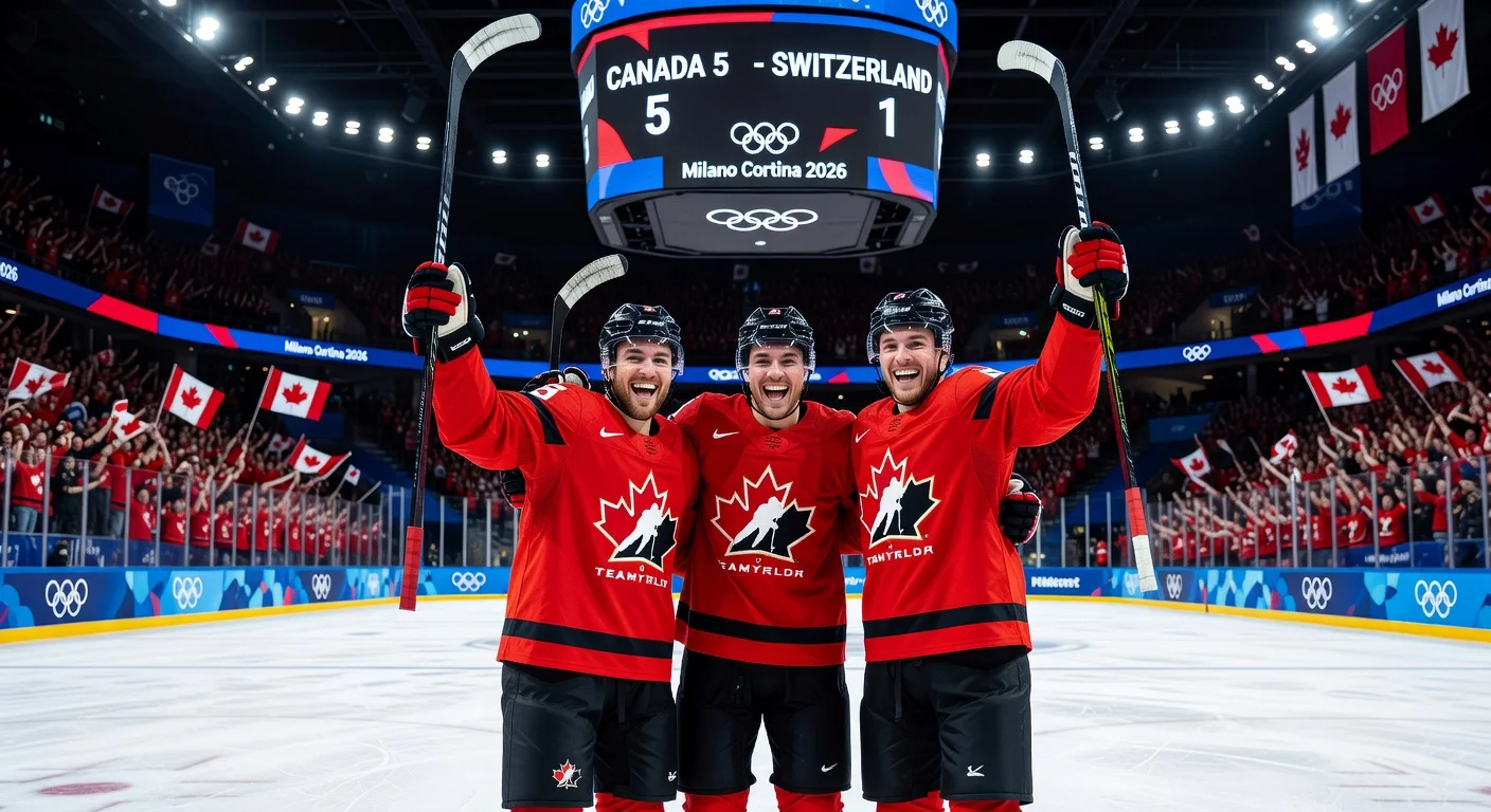 Team Canada hockey stars celebrate 5-1 Olympic Group A-clinching win over Switzerland in Milan.
