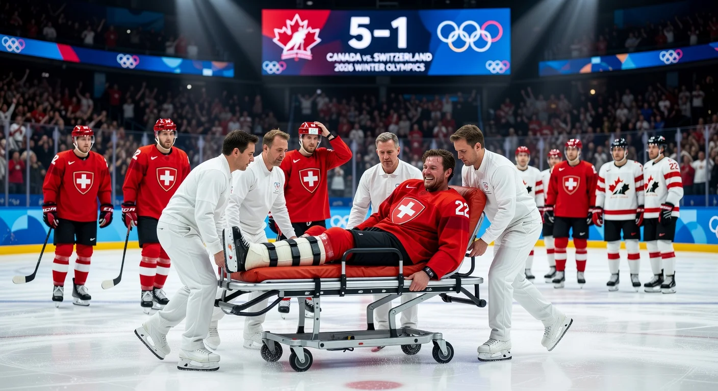 Kevin Fiala of Switzerland stretchered off Olympic ice rink with serious leg injury after collision in loss to Canada.