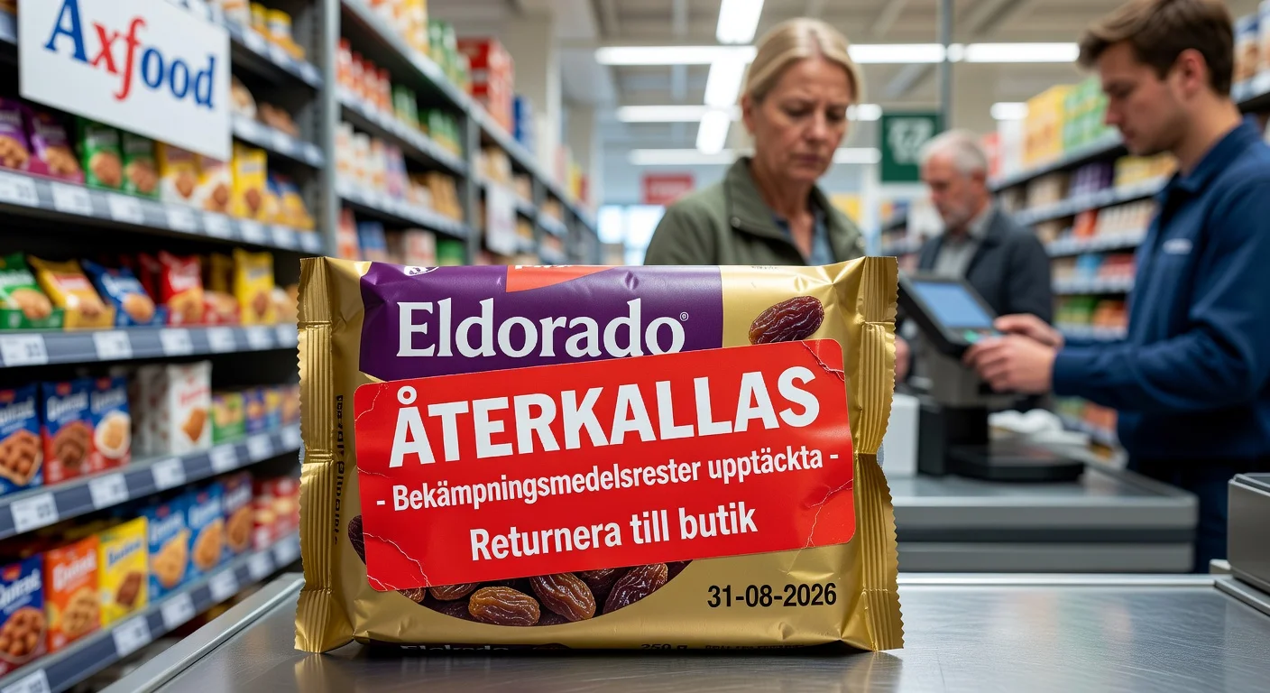 Product recall photo of Eldorado 250g raisins pack with pesticide residue warning sticker and best-before date 31-08-2026.