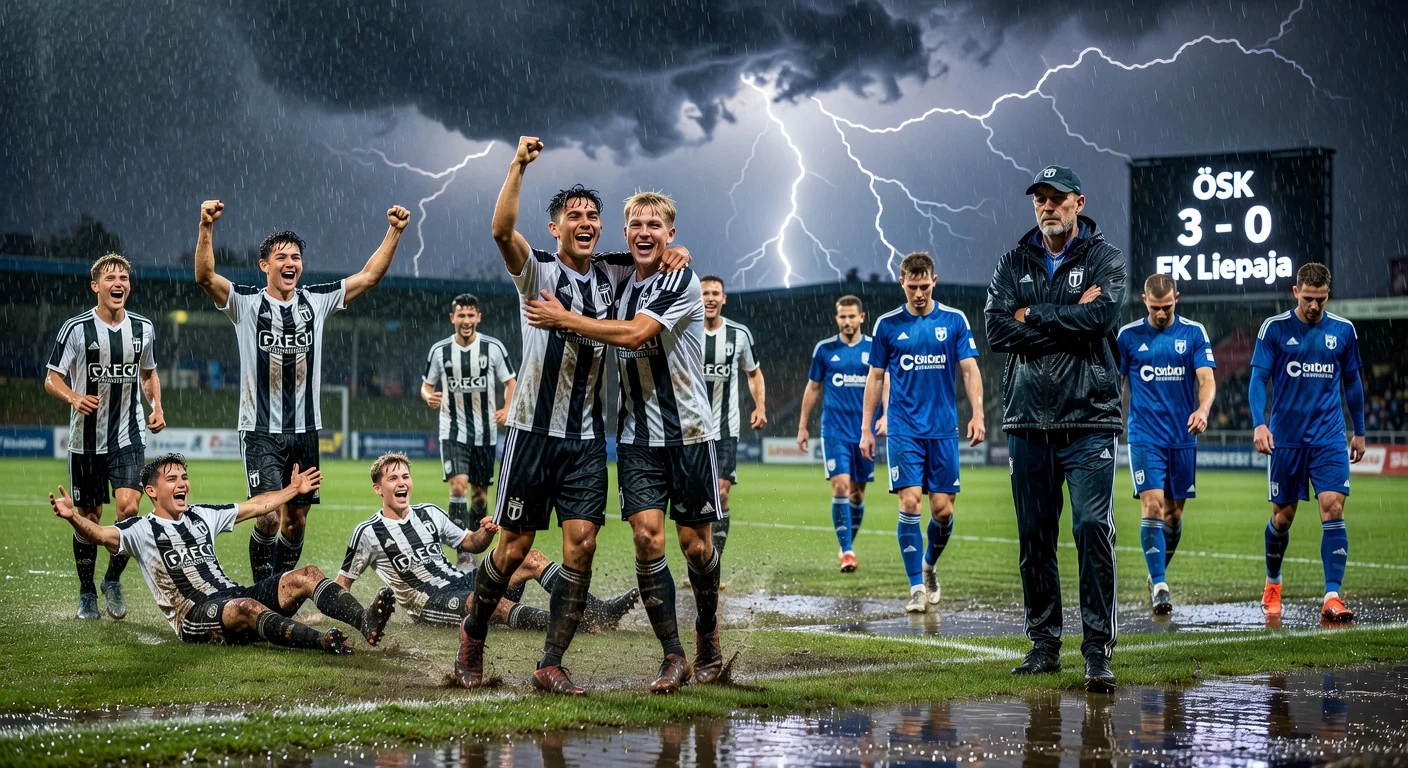 Örebro SK players celebrate 3-0 training win over FK Liepaja in stormy Spanish rain, coach cautions team.