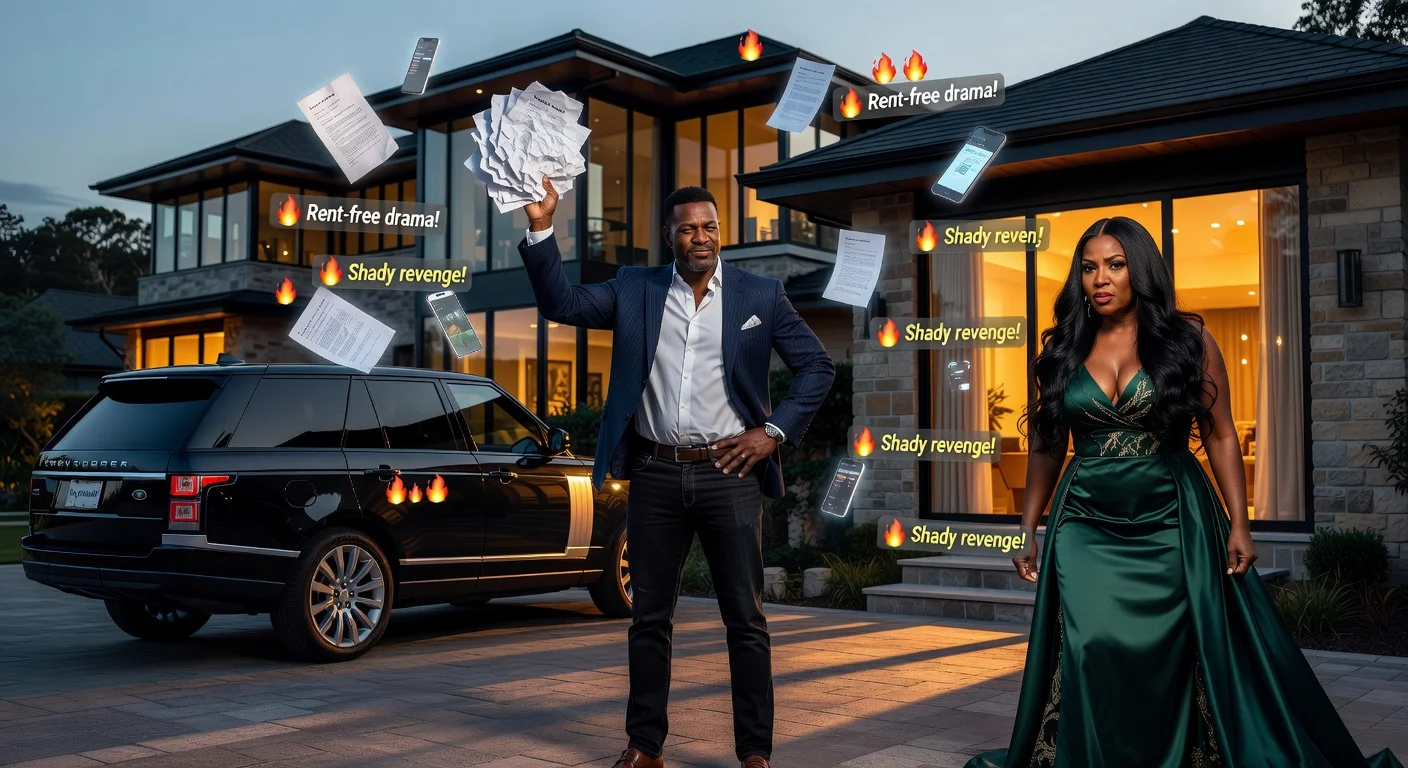 Photorealistic illustration of Todd Tucker defending against Kandi Burruss's rent-free accusations amid their Atlanta mansion divorce drama, with court docs and social media buzz.