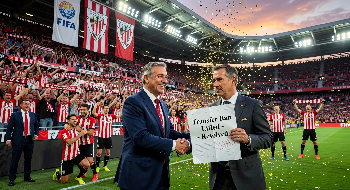 Athletic Club fans and officials celebrate at San Mamés Stadium as FIFA lifts the club's transfer ban.