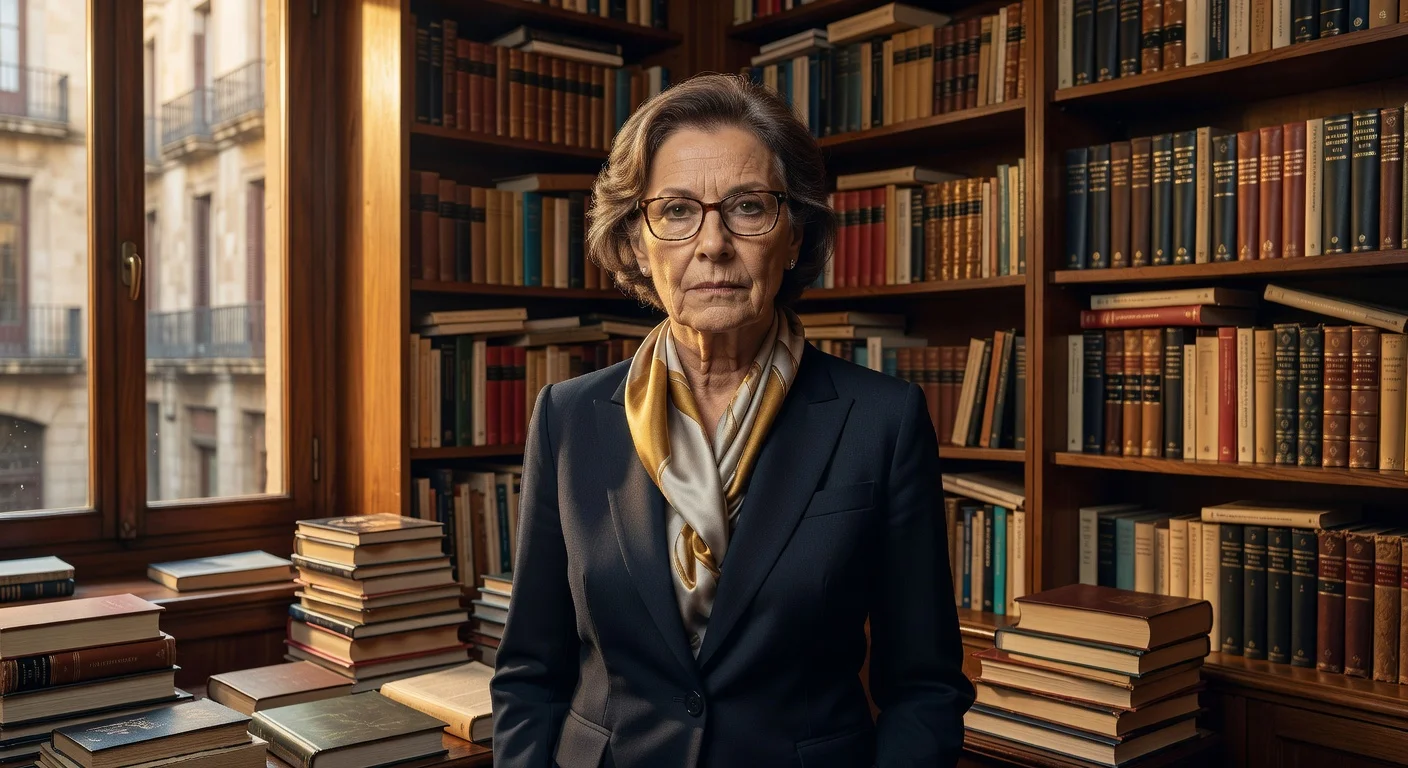 Portrait illustration of Beatriz de Moura, founder of Tusquets Editores, in her Barcelona publishing office surrounded by books.