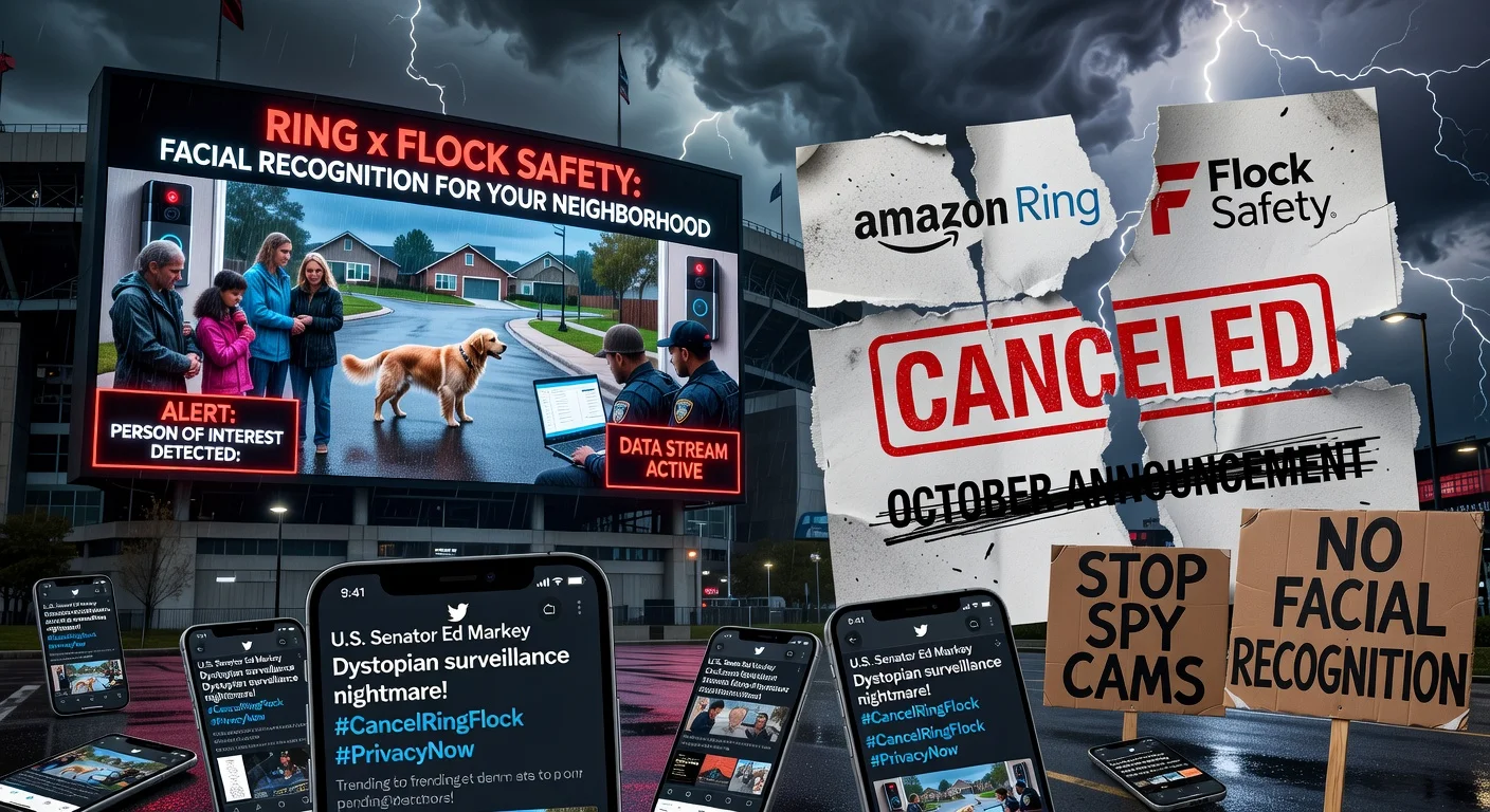 Illustration of Ring ending Flock Safety partnership after Super Bowl ad backlash over privacy and surveillance concerns.